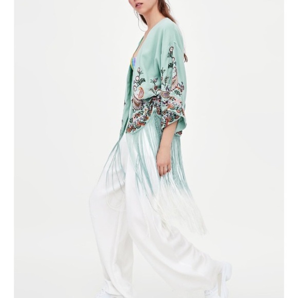 Zara embroidered fringe Sea blue kimono